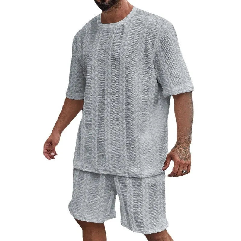Knitted polyester summer pullover and shorts set in solid colour with Jacquard textured pattern