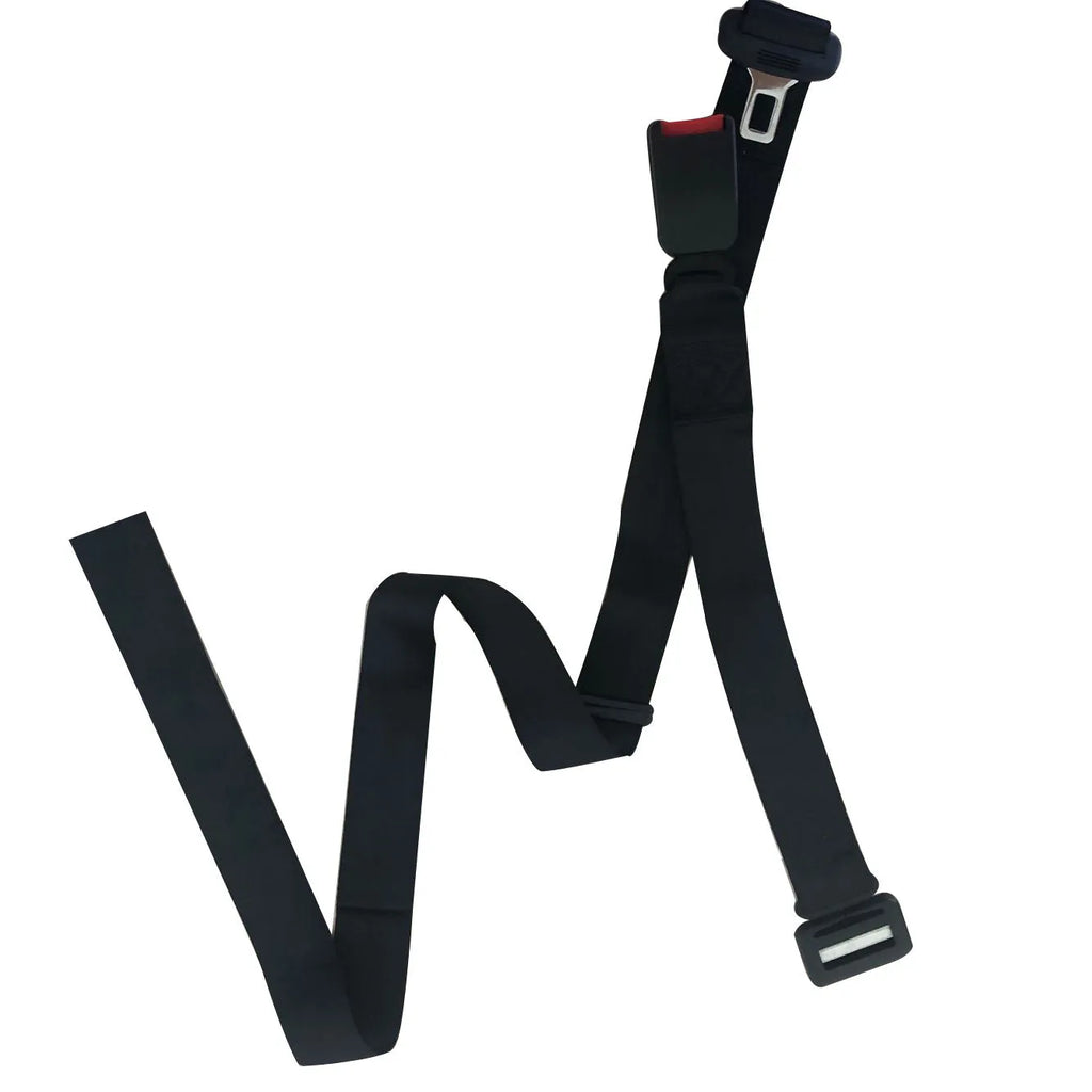 Adjustable black maternity car seat belt extension shown wrapped around a car seat.