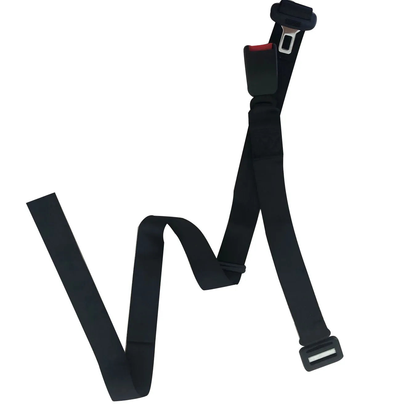 Adjustable black maternity car seat belt extension shown wrapped around a car seat.