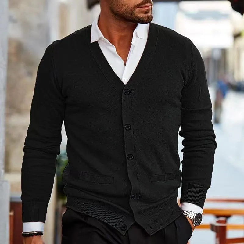 Men's slim fit acrylic cardigan sweater coat in wine red colour with long sleeves