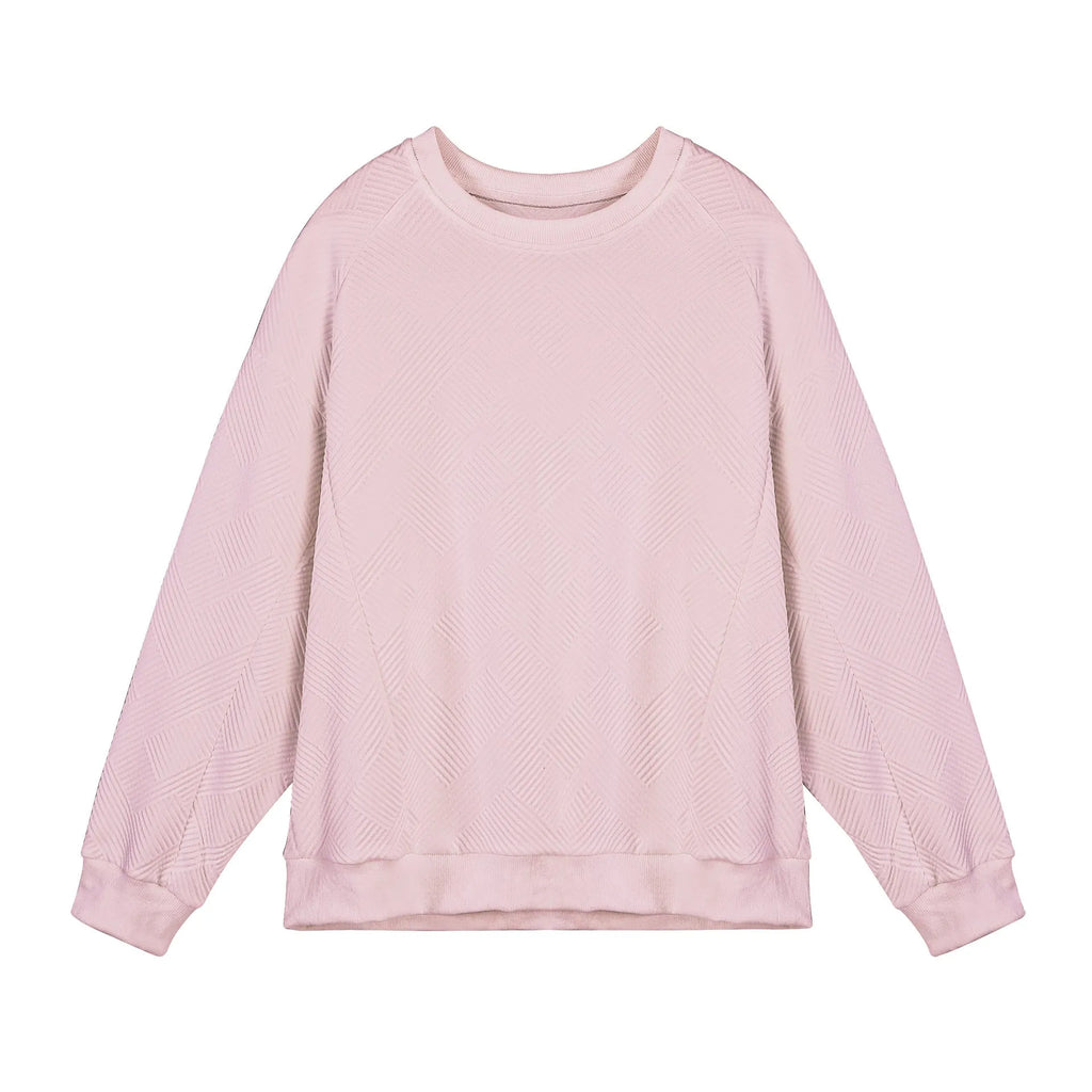 Men's loose fit solid colour twill jacquard pullover sweater on a hanger.