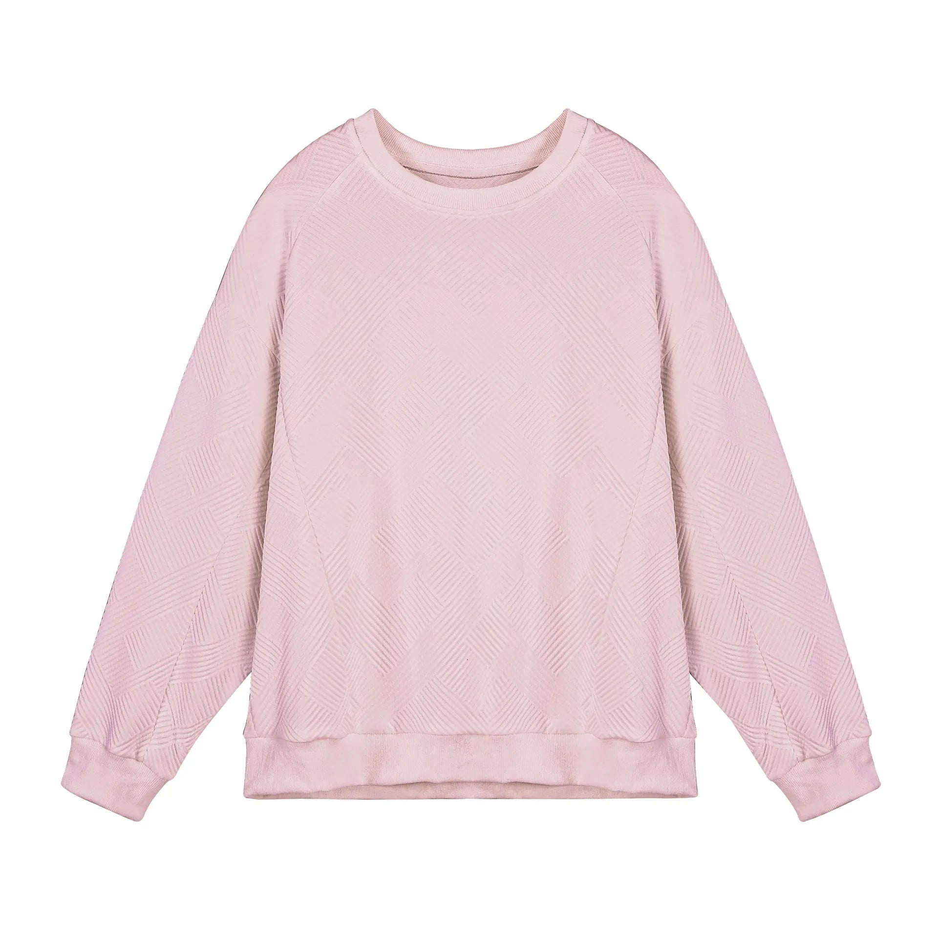 Men's loose fit solid colour twill jacquard pullover sweater on a hanger.