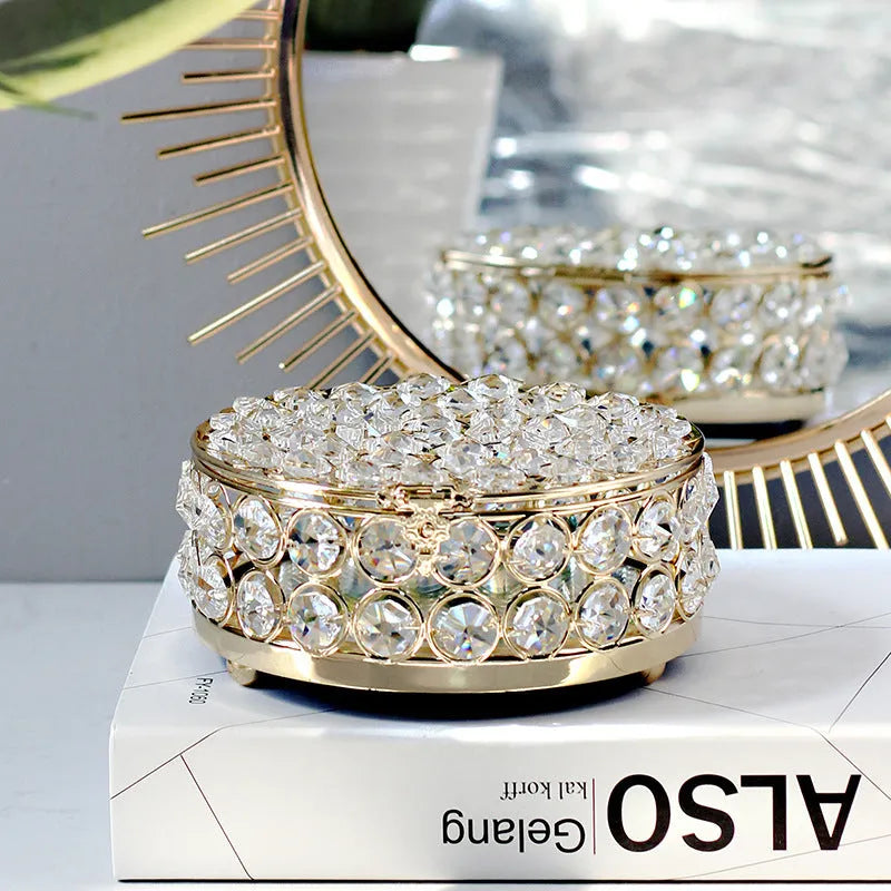 European-style French gold iron jewelry box with a transparent crystal glass lid.