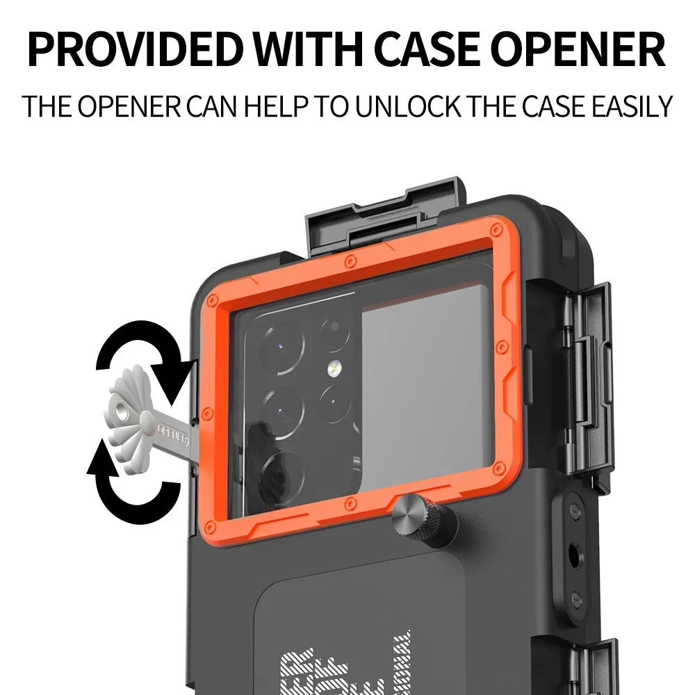 Black Orange metal phone case with lanyard for universal fit, showing all inclusive waterproof design