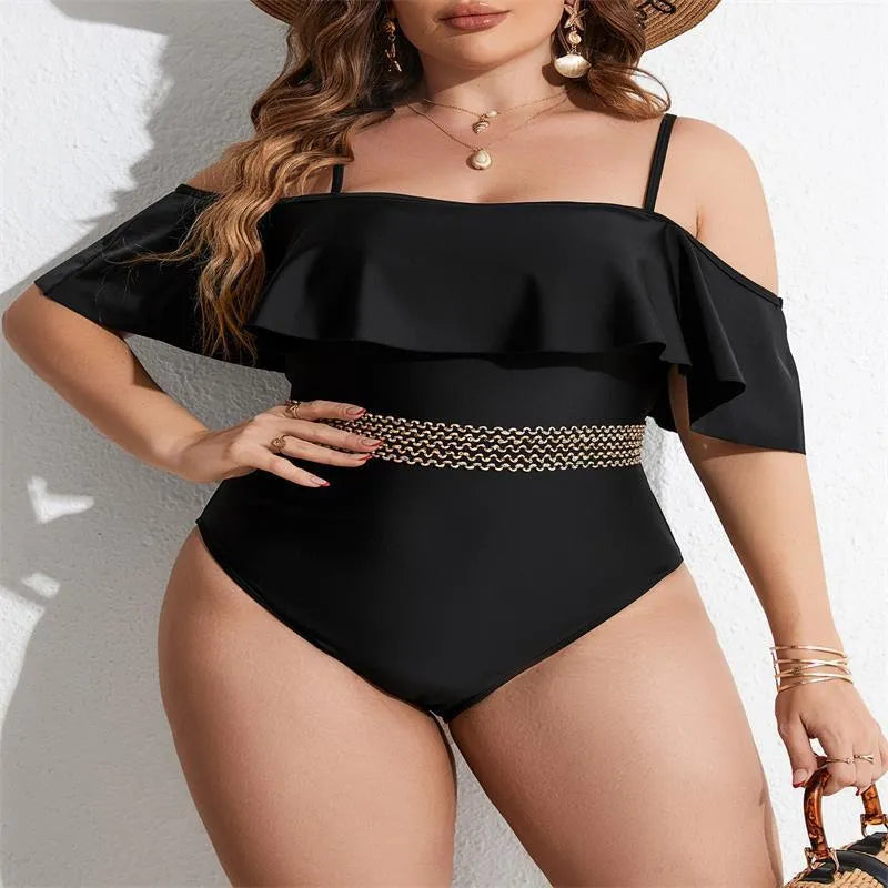 Black polyester one-piece swimsuit for women on a mannequin, showing full-coverage plus-size design.