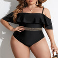 Black polyester one-piece swimsuit for women on a mannequin, showing full-coverage plus-size design.