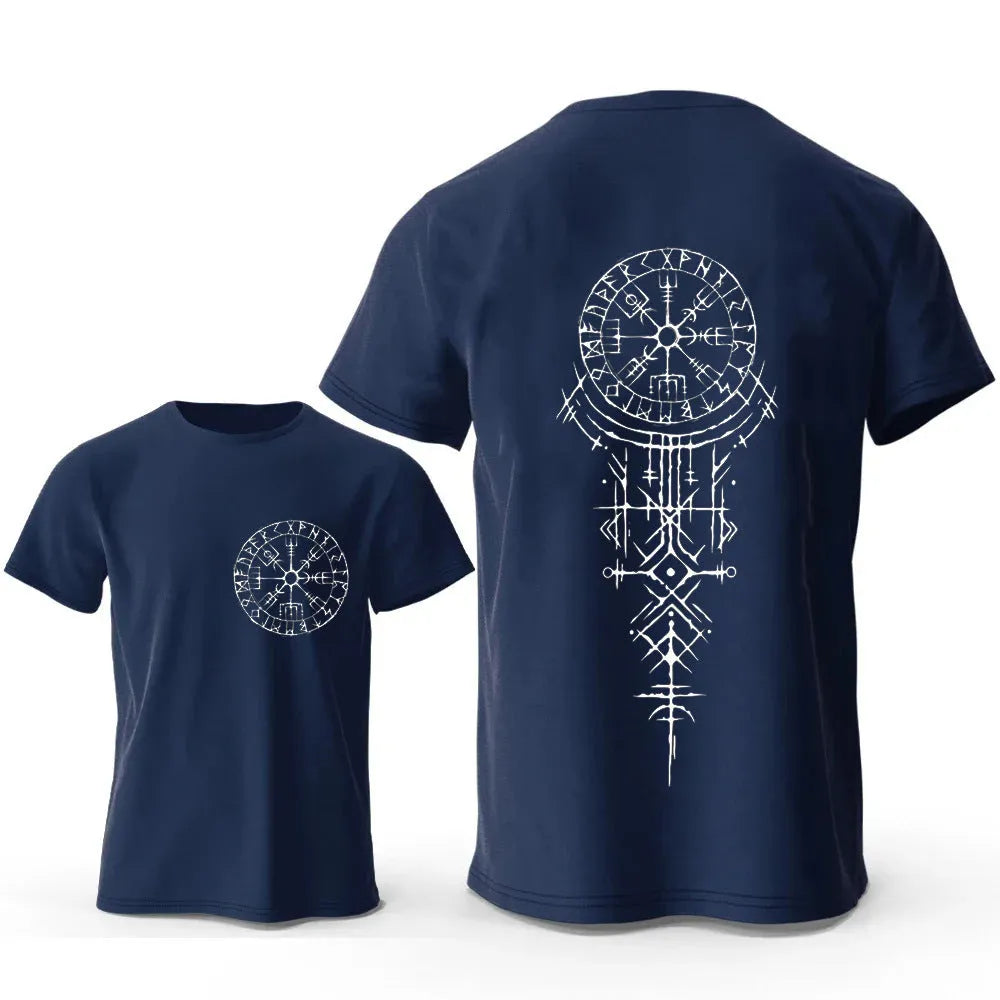 Close-up of a men's grey T-shirt featuring a detailed Viking rune compass graphic print on the chest.