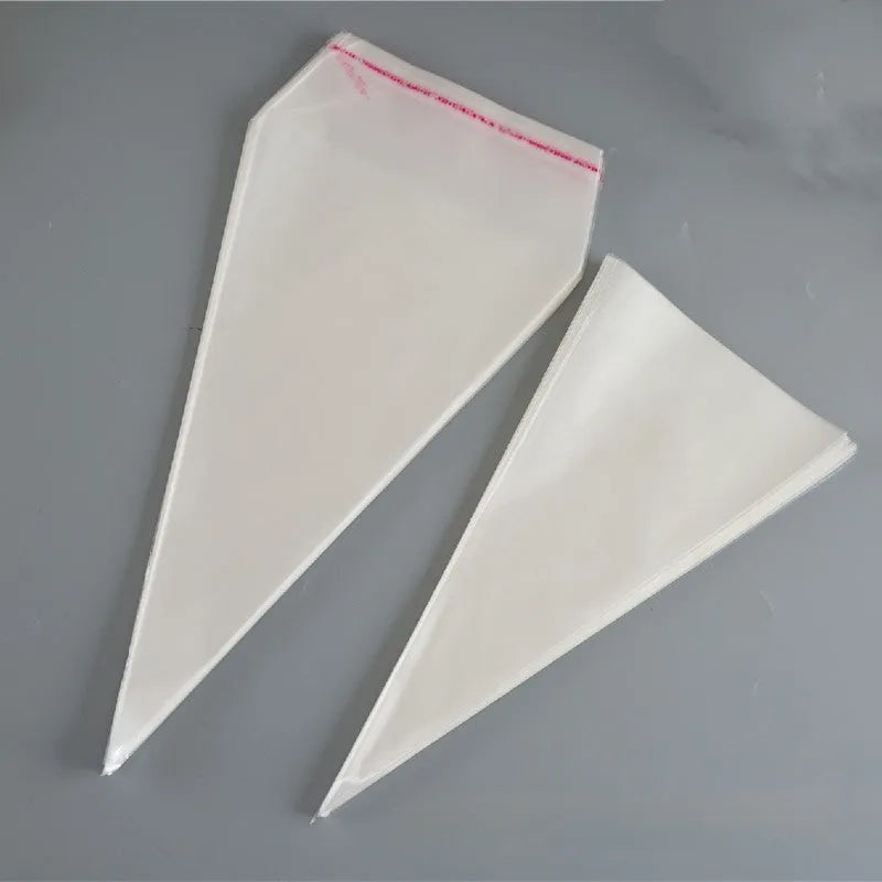 Clear triangle-shaped plastic packaging bag with a silver tie wire, showing three size options.