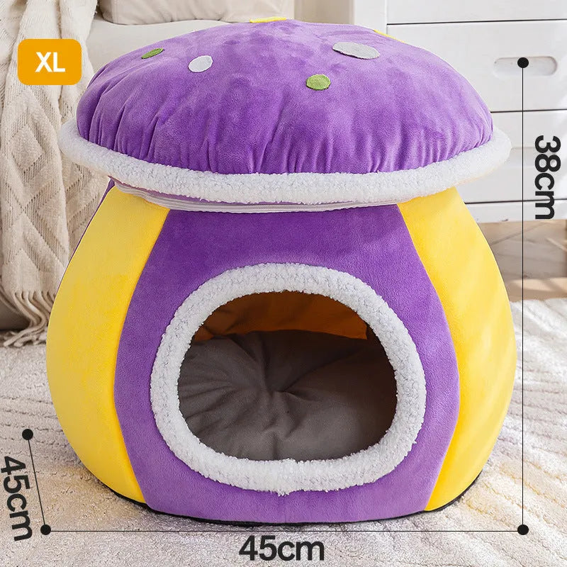 Grey mushroom-shaped plush cat bed with a detachable blanket inside, showing enclosed design.