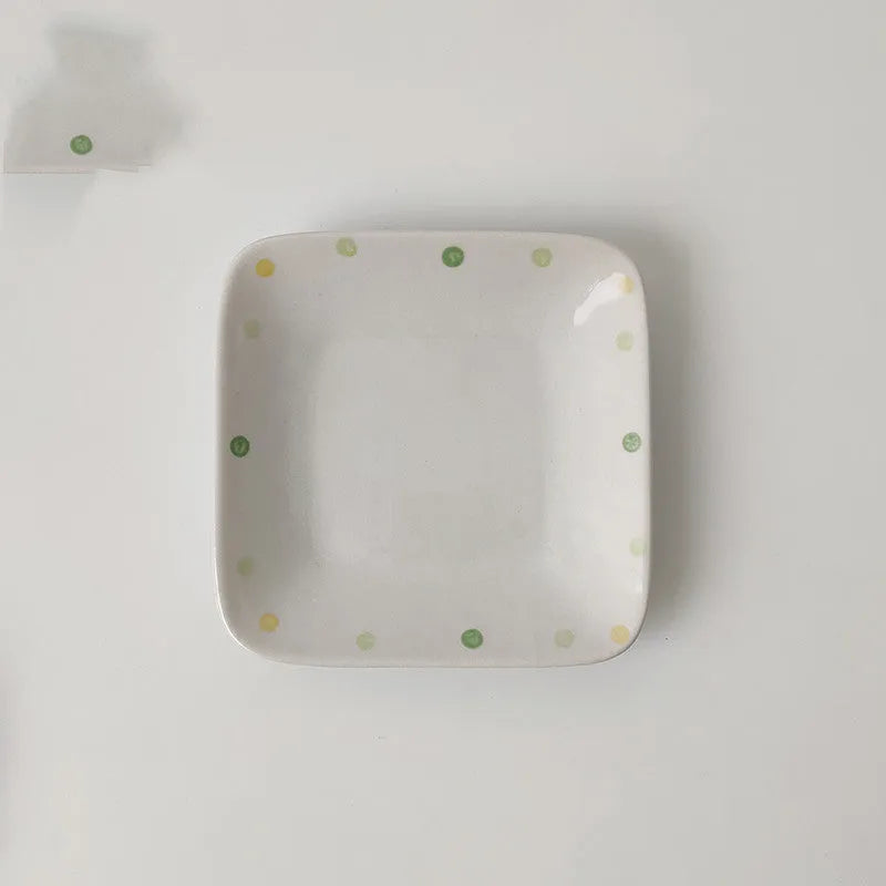 Set of dot pattern ceramic plates in Japanese style irregular shape 7.25 inches porcelain with underglaze colour