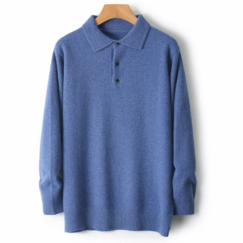 Men's wool polo collar pullover sweater in multiple colours with long sleeves