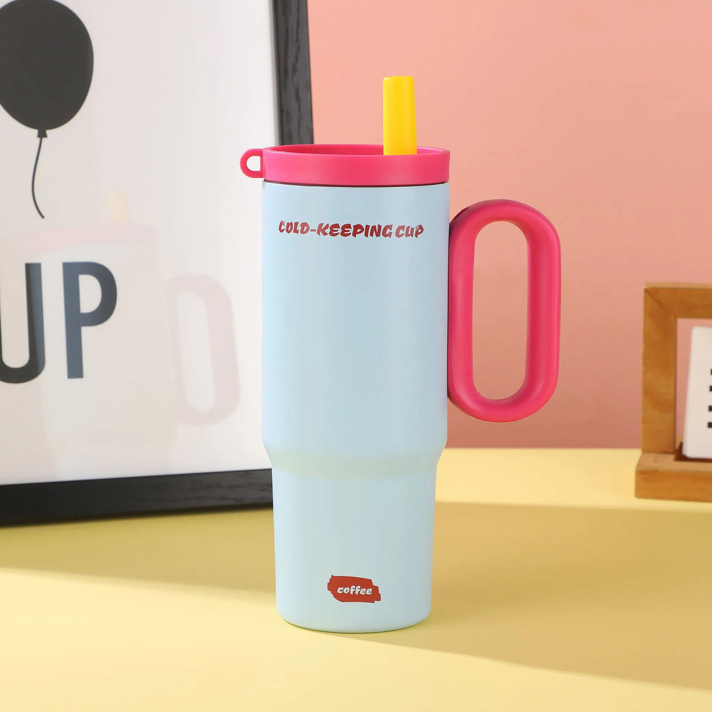 A large insulated portable cup with a handle, shown in multiple colour options.