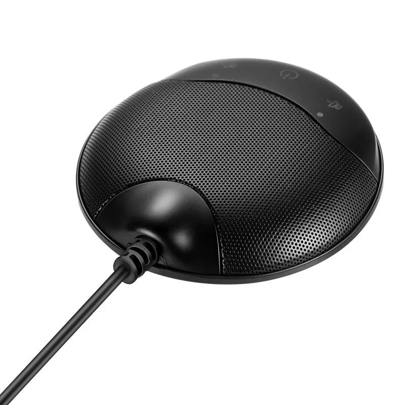 Black USB condenser microphone for computer conferencing and gaming measuring 9x9x1.7cm