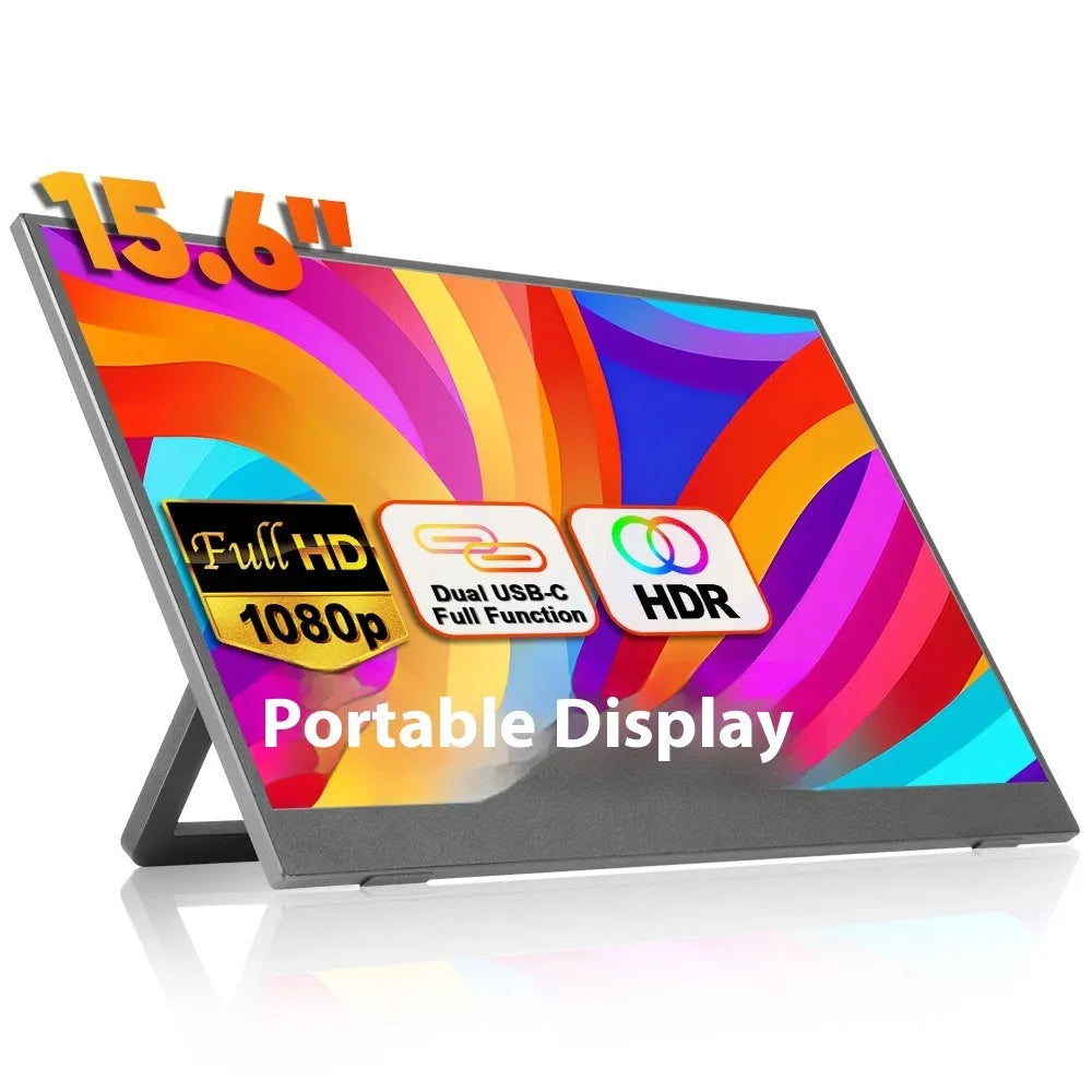 Black 15.6-inch portable IPS monitor on its adjustable stand, showing a desktop application.