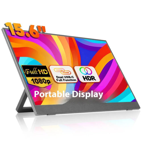 Black 15.6-inch portable IPS monitor on its adjustable stand, showing a desktop application.