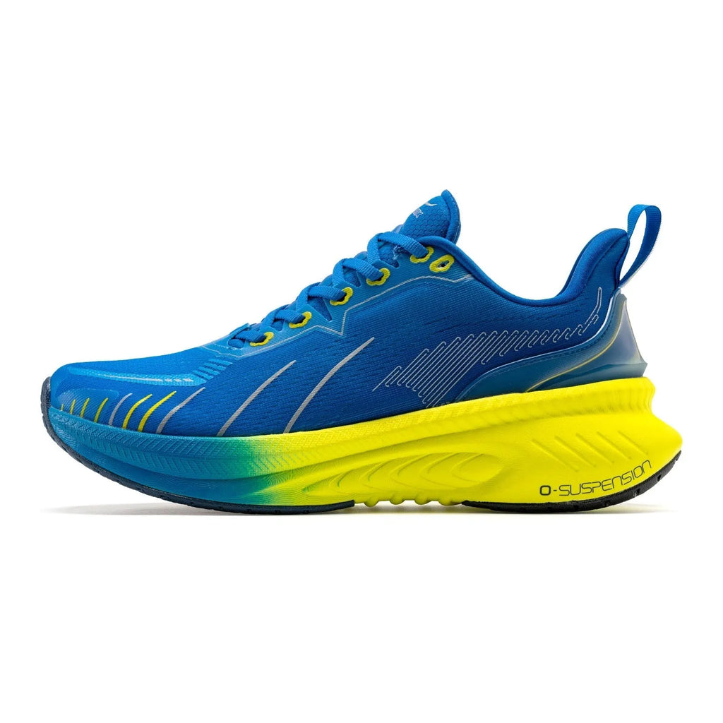 Men's low-top running shoes in assorted colours with PU mesh upper and rubber sole.
