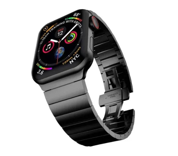 Stainless steel metal watch strap with butterfly buckle for Apple Watch in multiple colour options