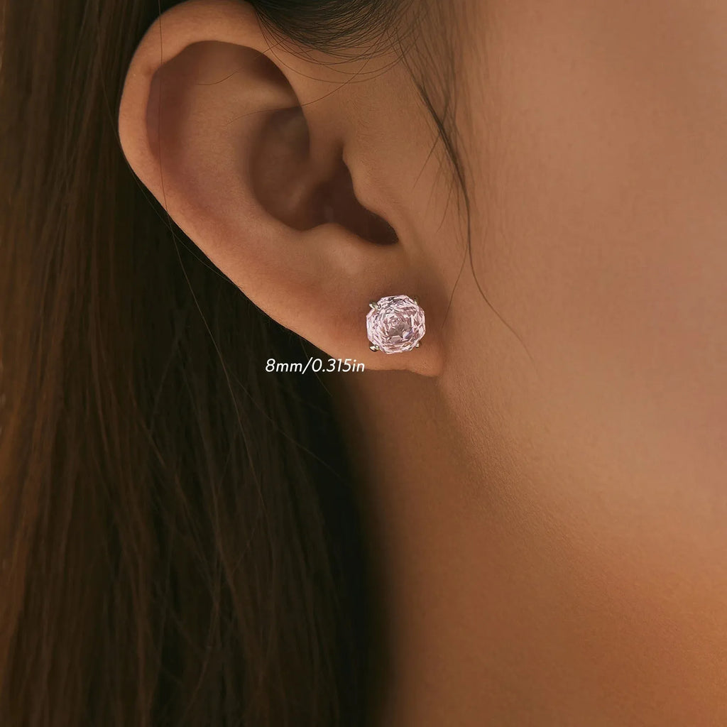 A pair of S925 sterling silver rose flower stud earrings for women, shown in 6mm and 8mm sizes.