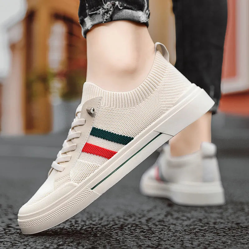 Men's knitted mesh casual sneakers with elastic band closure in beige colour