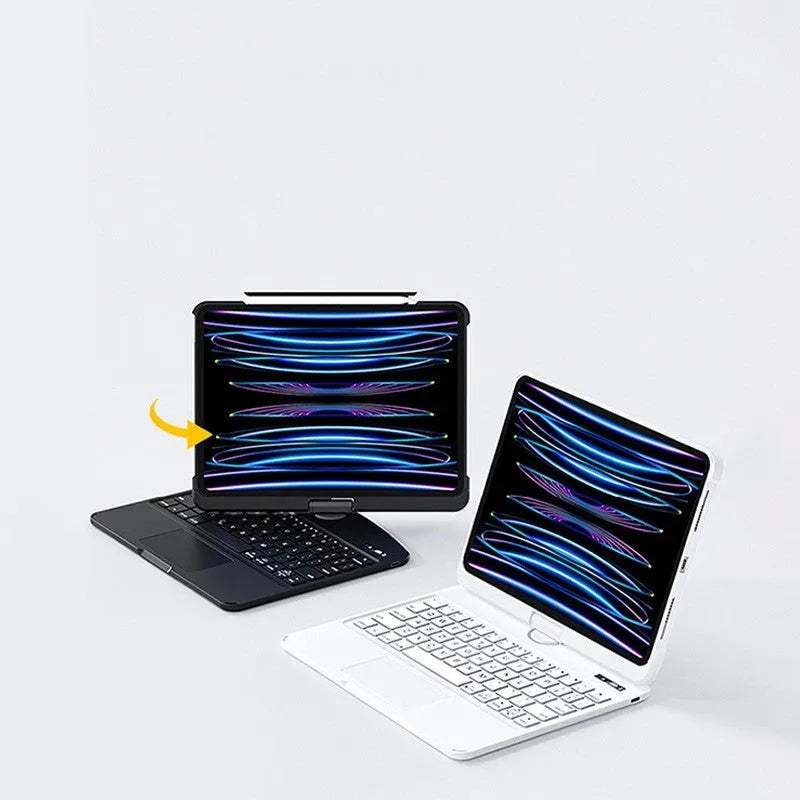 Transparent protective case with built-in wireless Bluetooth keyboard for iPad Pro.