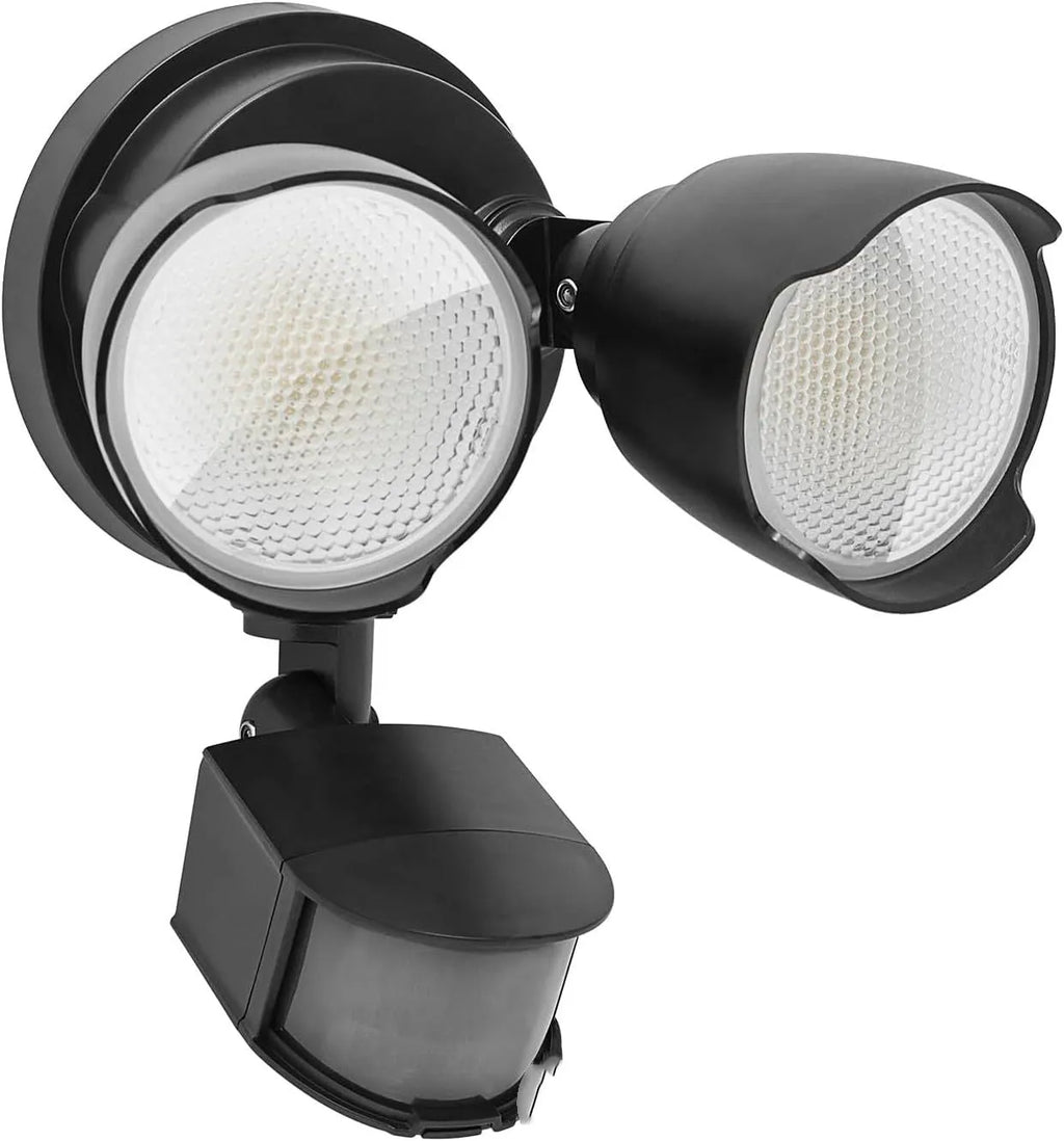 White rectangular LED security floodlight with PIR sensor, shown mounted on an exterior wall.