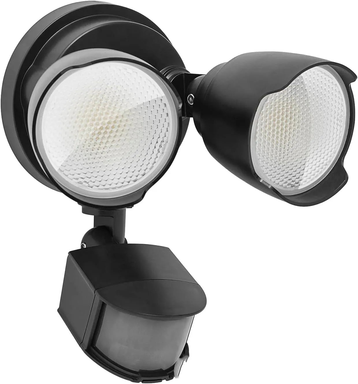 White rectangular LED security floodlight with PIR sensor, shown mounted on an exterior wall.