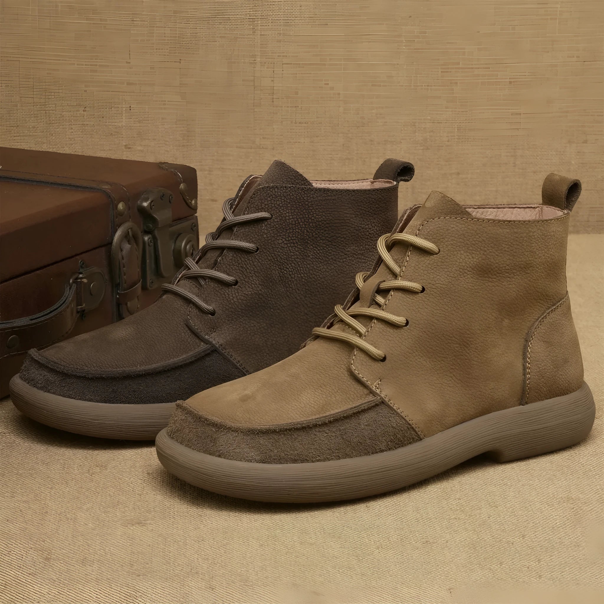 Genuine leather British style Martin boots with wedge heel in grey or khaki colour
