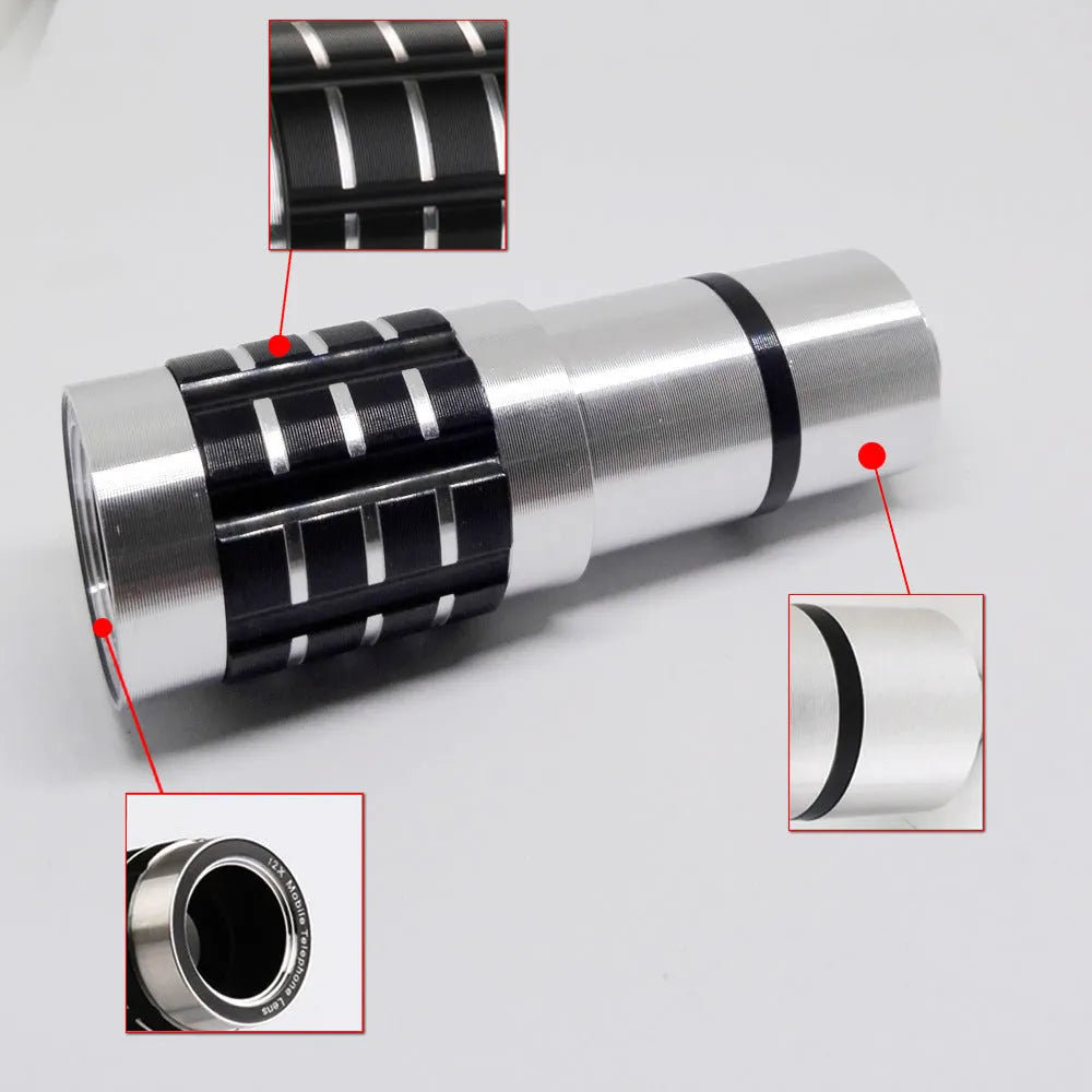 Silver 12x telephoto lens with black universal clip for attaching to a smartphone.