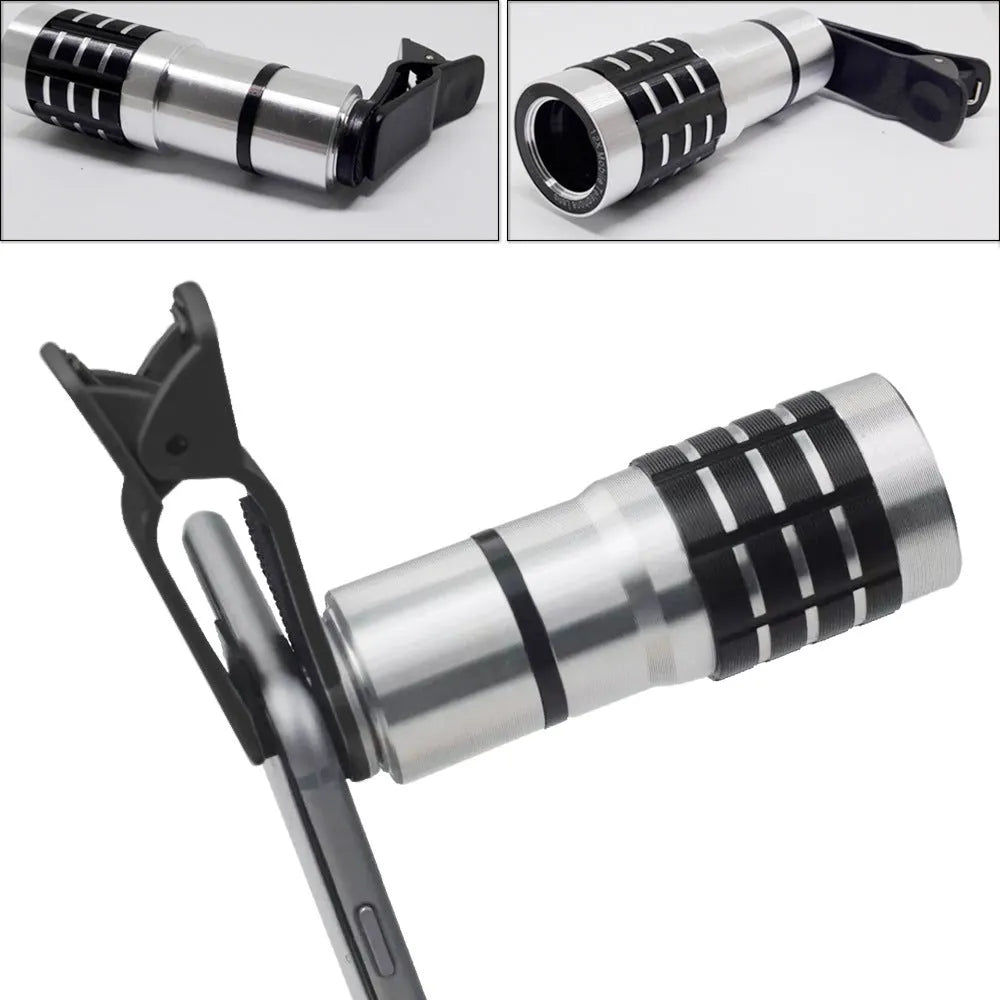Silver 12x telephoto lens with black universal clip for attaching to a smartphone.