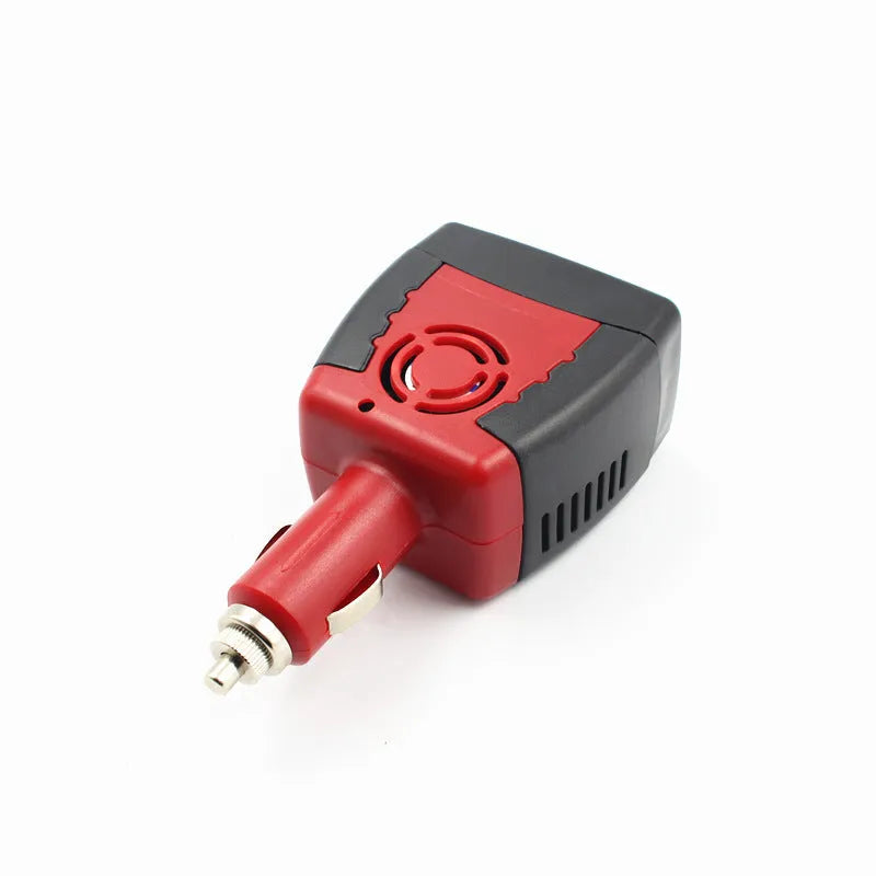 Black and red 150W car power inverter measuring 115x65x41mm converts 12V DC to 110V AC with USB output