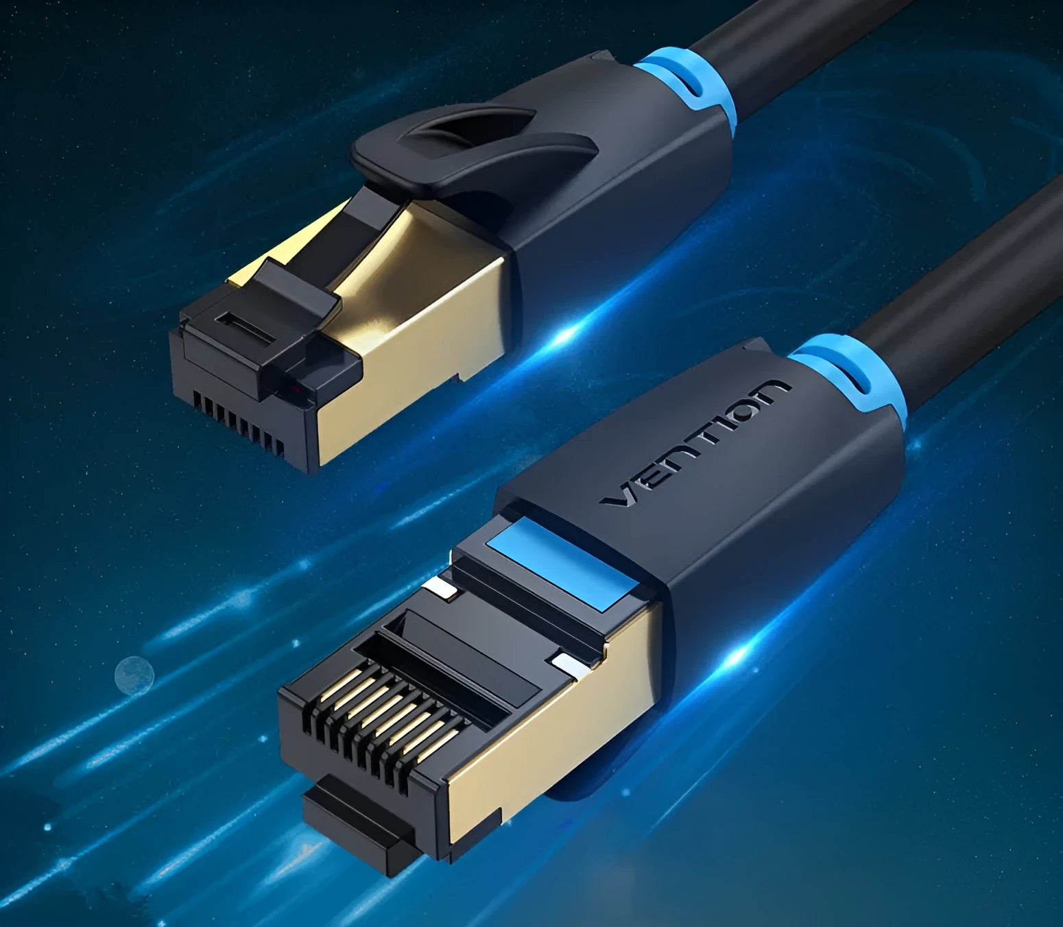 Shielded CAT8 Ethernet network patch cable with RJ45 connectors, shown in flat and round styles for 10G high-speed indoor use.