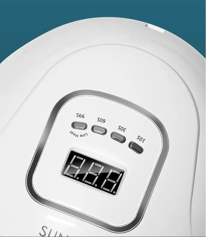 White nail polish drying lamp with dual UV/LED light source and timer controls