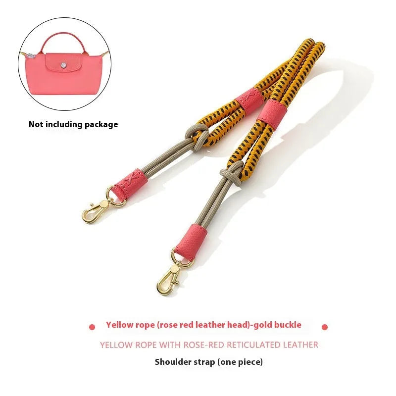 Braided nylon rope shoulder strap with cowhide leather accents and an alloy buckle.