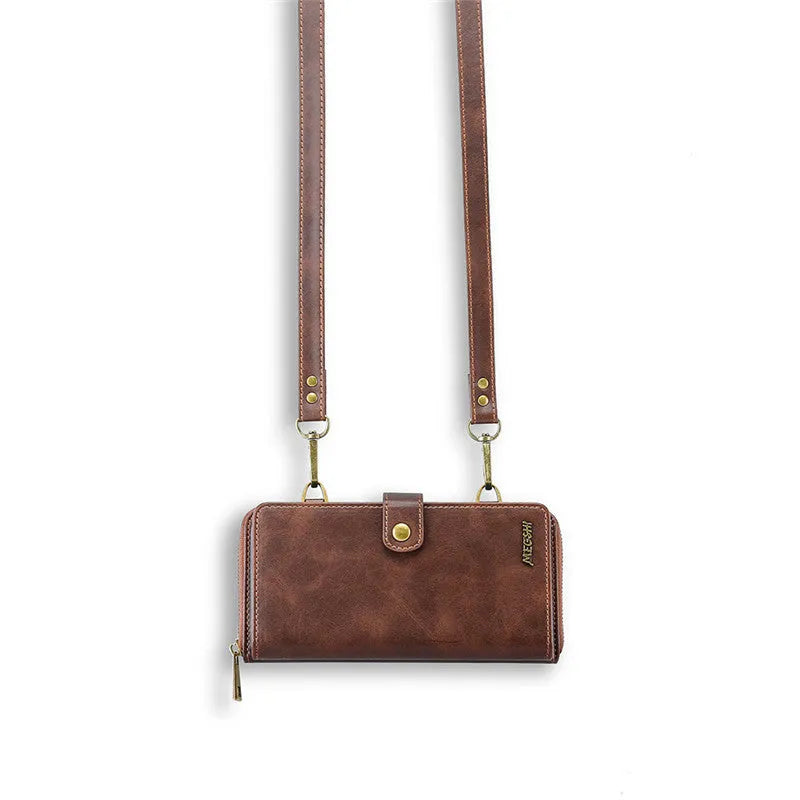 Detachable leather wallet flip case for Apple iPhone and Samsung Galaxy phones in black, blue, brown, and red.