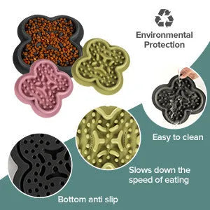 Blue silicone pet licking pad slow feeder mat on a floor.