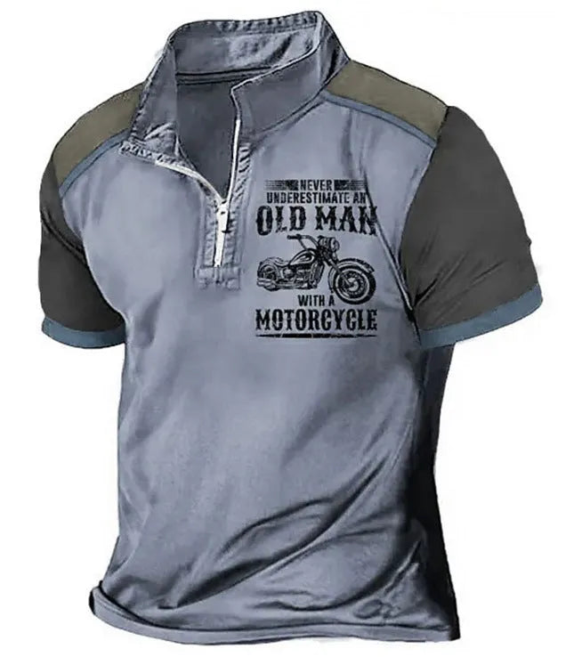 Men's casual short sleeve polo shirt with lapel, digital letter printing, and zipper decoration details.