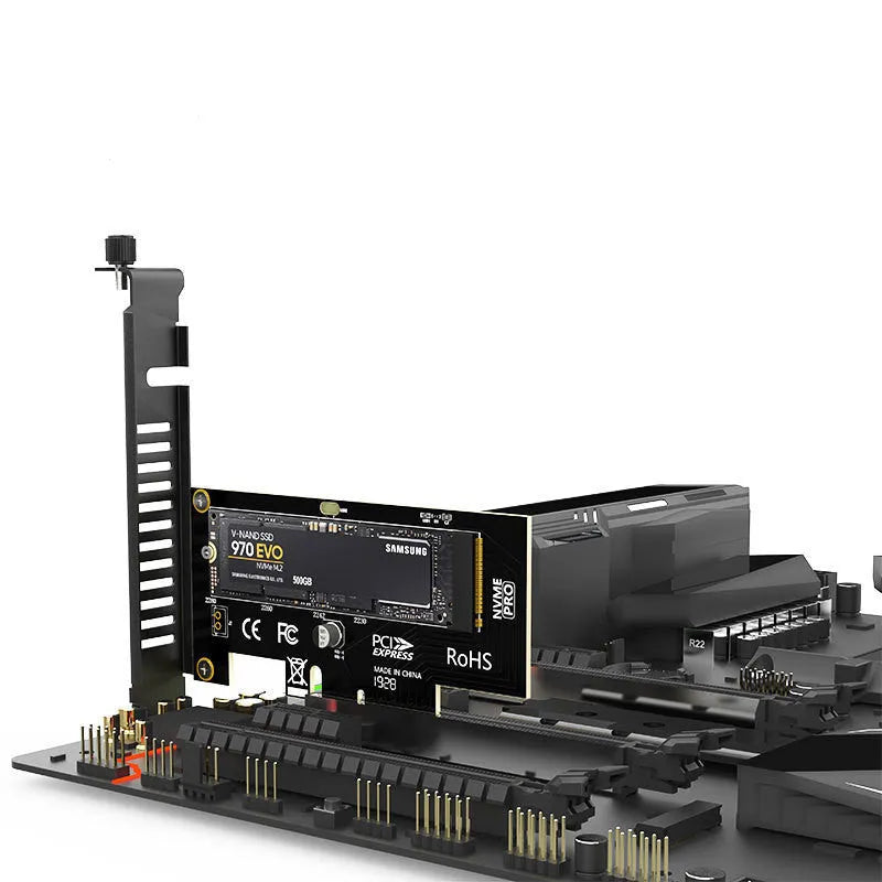 Jiayi SK4 M.2 NVMe adapter card with immersion gold PCBA and LED indicator placed in PCIe slot
