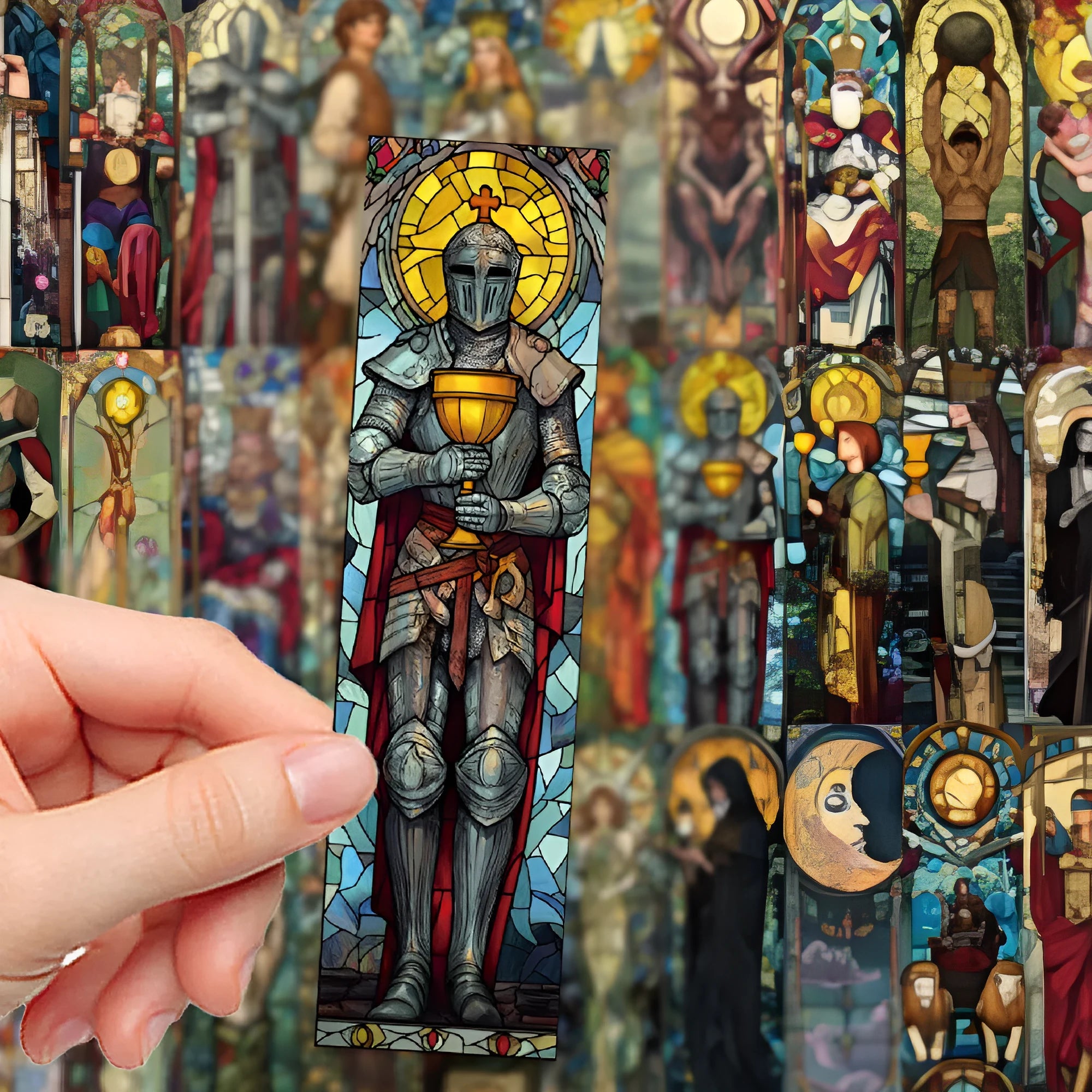 Set of 30 colourful painted glass tarot-themed paper bookmarks in a cute homemade style.