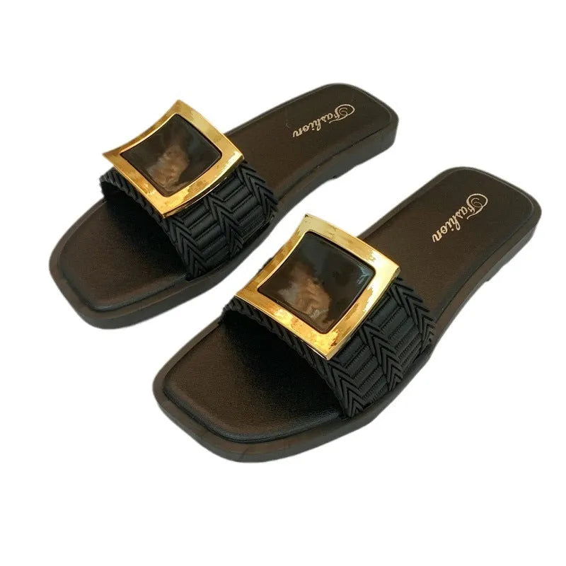 Women's apricot casual flat slippers with a PVC sole, shown on a light background.