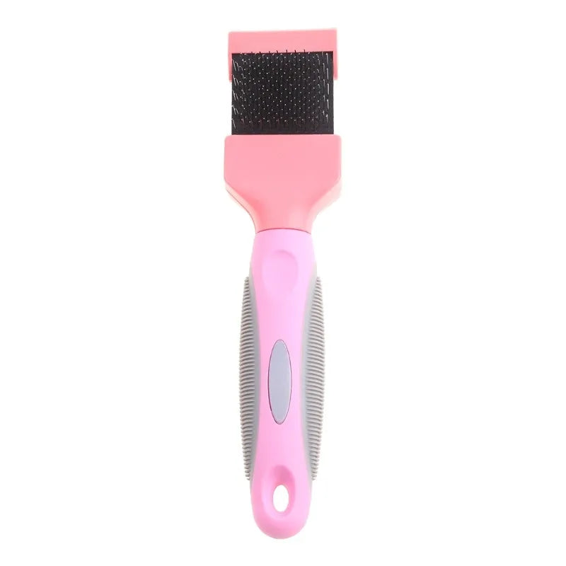 Blue double-sided pet brush with stainless steel pins on one side and soft bristles on the other, showing ergonomic handle.