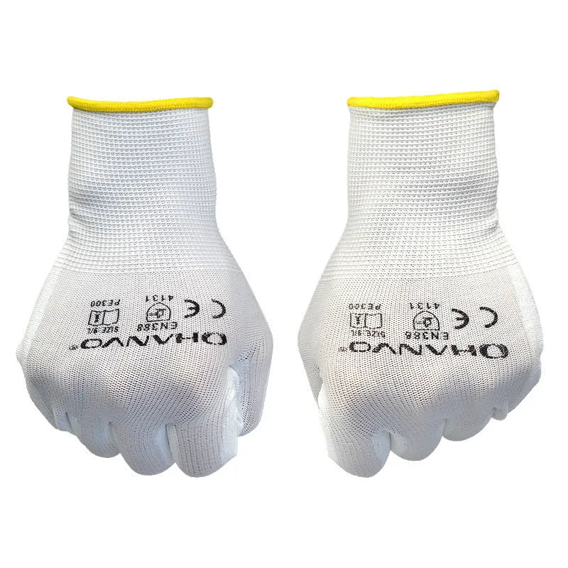 Ten pairs of white PU coated work gloves showing wear-resistant palms and 24cm length.