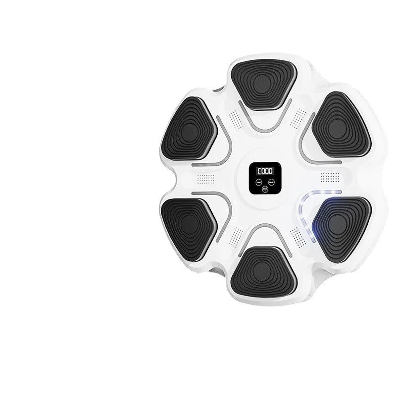 Smart music boxing machine wall target with LED lights and focus gloves on white wall.