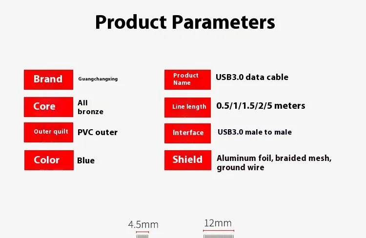USB 3.0 data cable with nickel-plated connectors for external hard drive boxes, showing length options.