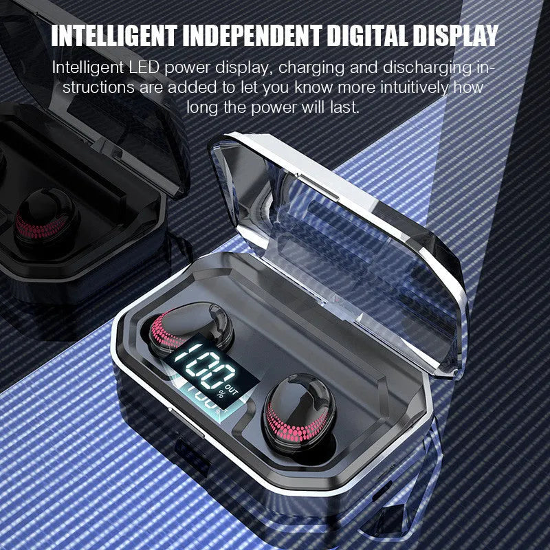 Black X10 wireless Bluetooth headset with charging case, showing earpieces.