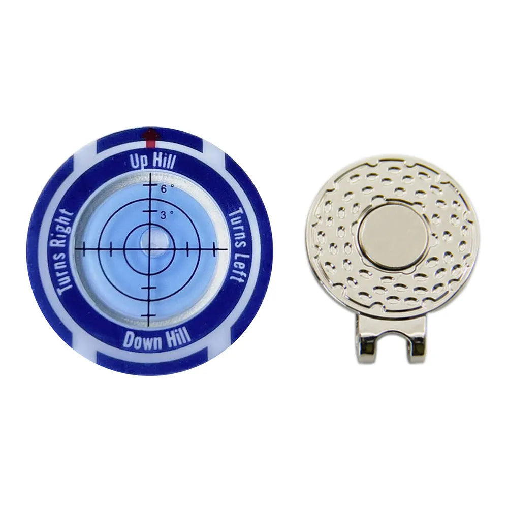 Golf level hat clip measurement tool with green level face and position marks in six colour options