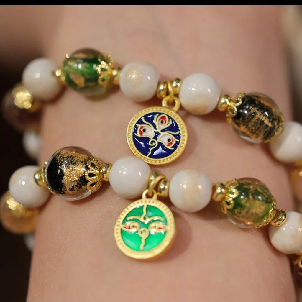 Fragrant Gray handmade glass bracelet with five Gods of Wealth design in coloured glaze.