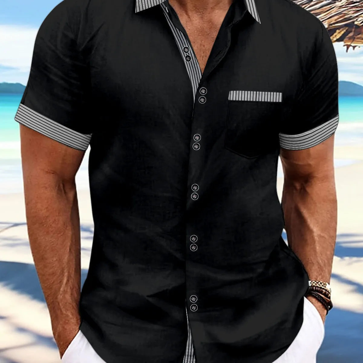 Men's slim fit striped short sleeve casual shirt in pure cotton on a hanger, showing double button detail.