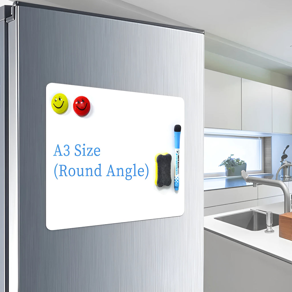 A3 magnetic soft whiteboard 297x420mm with PET whiteboard film and rubber magnetic backing, 0.35mm thick