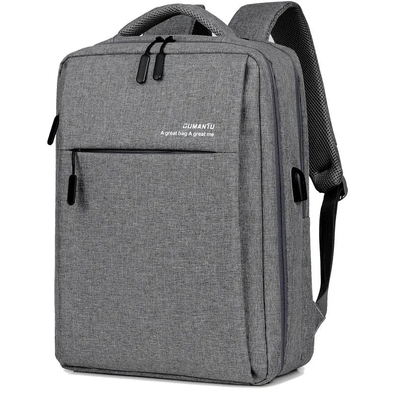 Waterproof shockproof rechargeable laptop backpack in Oxford cloth showing size options for 14-inch and 15.6-inch computers