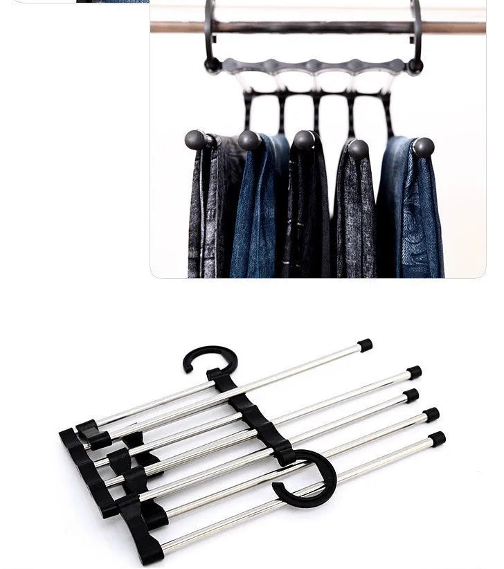 Black stainless steel wardrobe hanger with five booms for trousers organisation